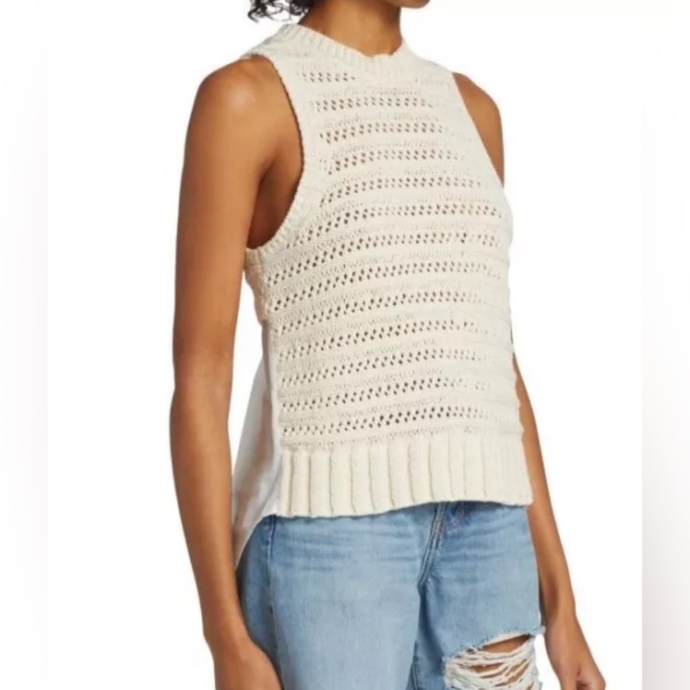 Veronica Beard Sleeveless Sweater Tank Mixed Media Top Shirt Tail Ivory Knit